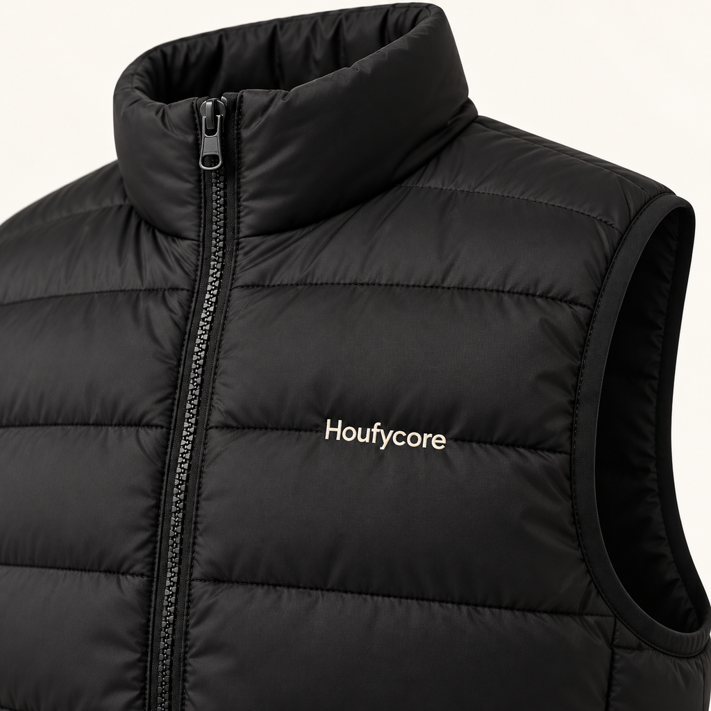 Close-up of the Black Alpine vest, showing quilted fabric, zipper and the cream Houfycore chest wordmark.