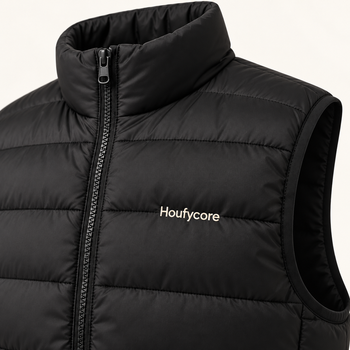 Close-up of the Black Alpine vest, showing quilted fabric, zipper and the cream Houfycore chest wordmark.