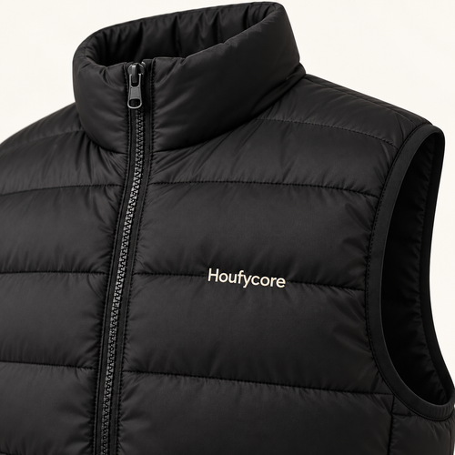 Close-up of the Black Alpine vest, showing quilted fabric, zipper and the cream Houfycore chest wordmark.