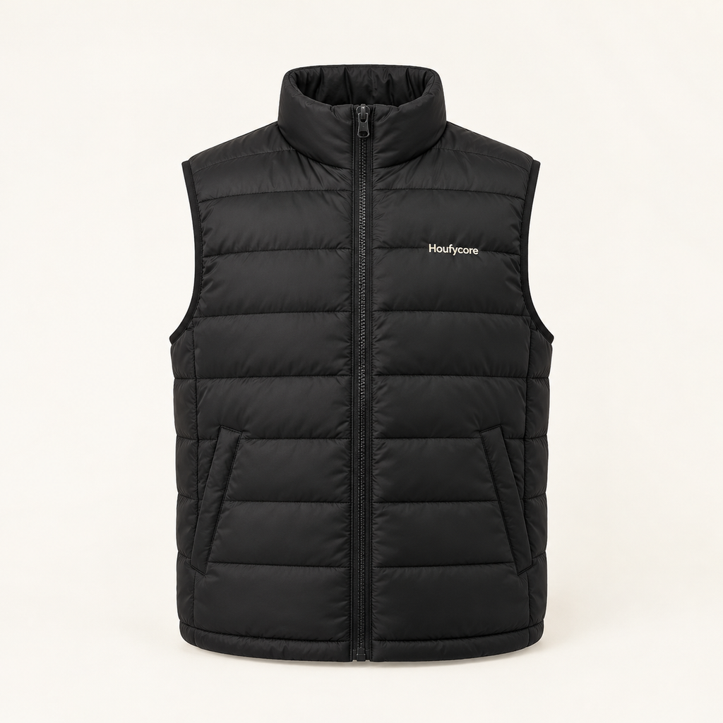 Houfycore Alpine quilted vest in Black, front view with stand collar, zip front and angled pockets.