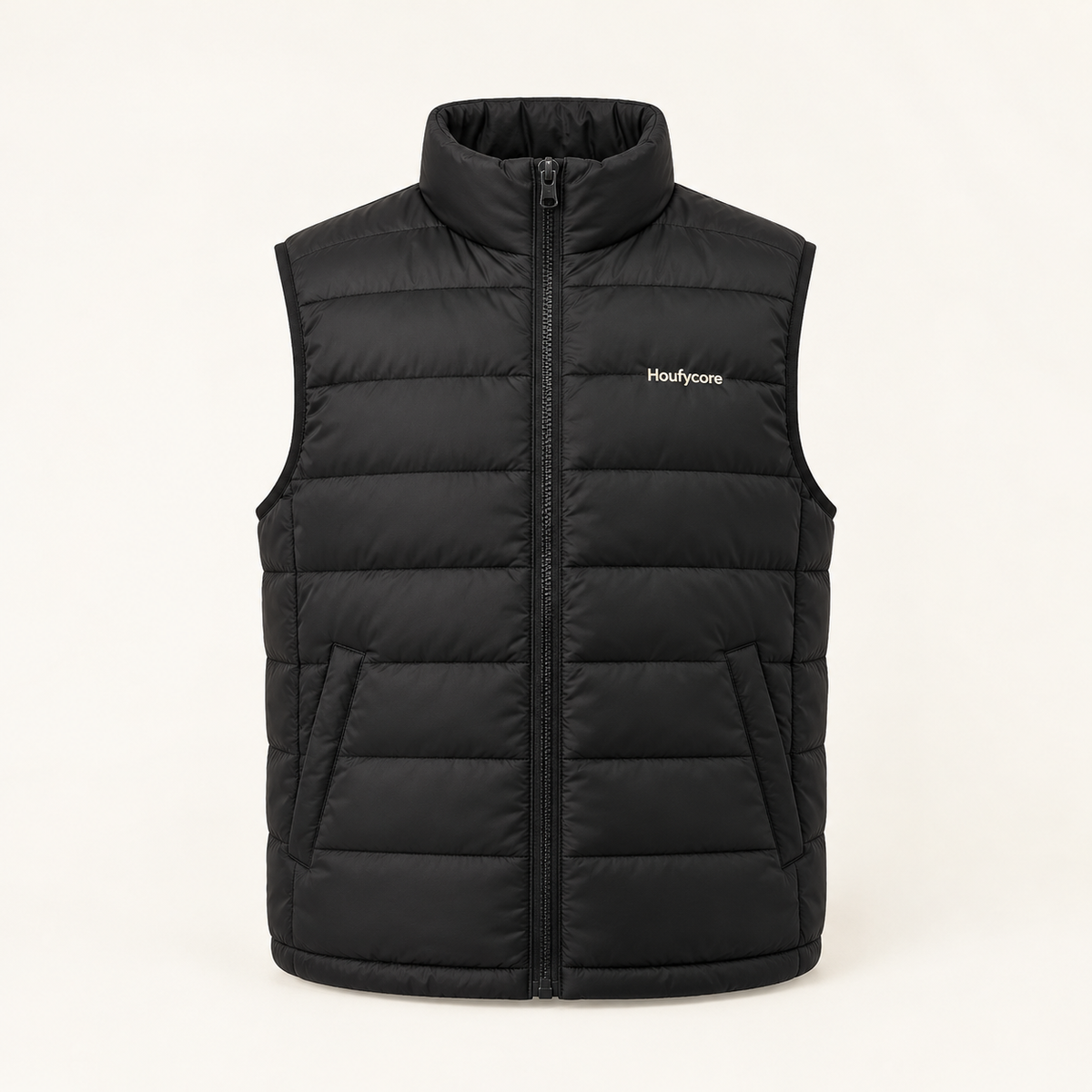 Houfycore Alpine quilted vest in Black, front view with stand collar, zip front and angled pockets.