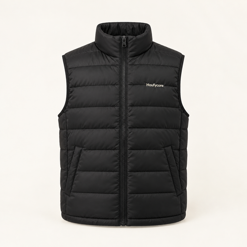 Houfycore Alpine quilted vest in Black, front view with stand collar, zip front and angled pockets.