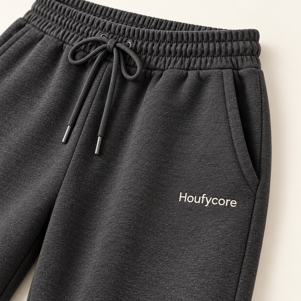 Close-up of the Charcoal Drift joggers, showing the drawstring waistband, pocket and cream Houfycore wordmark.