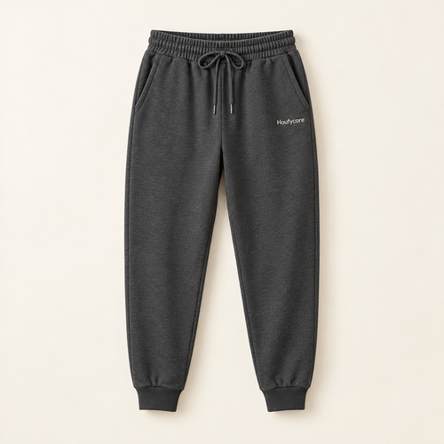 Houfycore Drift winter joggers in Charcoal, front view with drawstring waist, side pockets and ribbed cuffs.