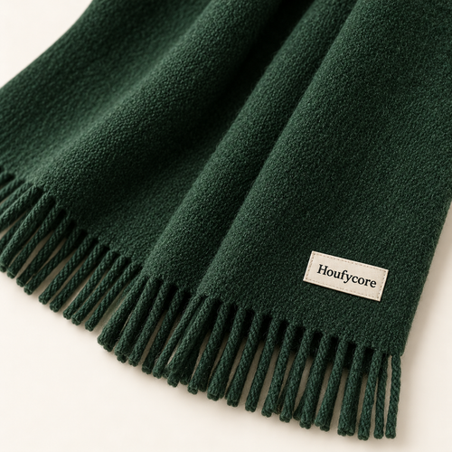 Close-up of the Forest Green Evergreen scarf, showing woven texture, fringed edge and cream Houfycore label.