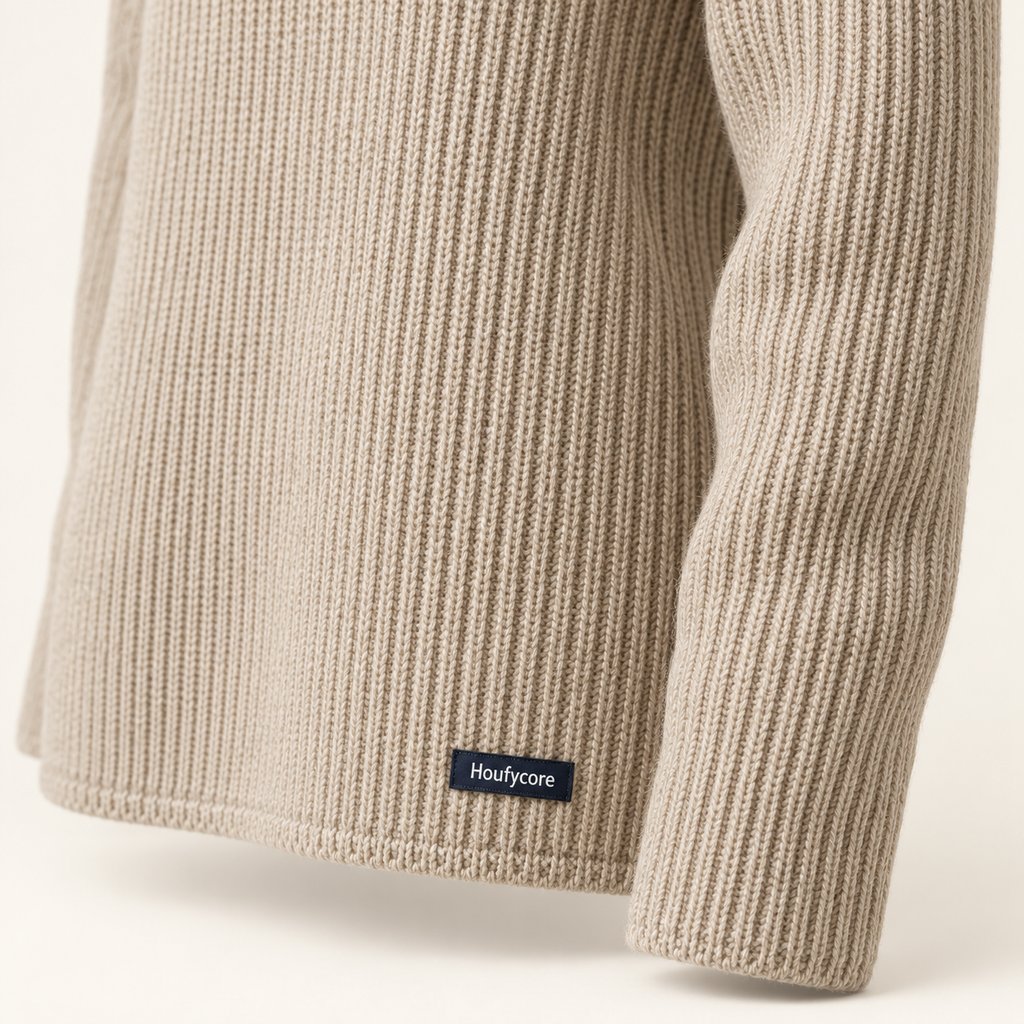 Close-up of Oatmeal rib-knit texture and the navy Houfycore hem label on the Fjord turtleneck.