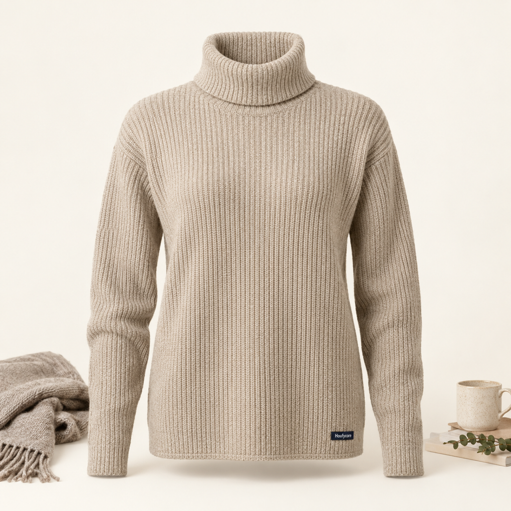 Houfycore Fjord ribbed turtleneck in Oatmeal, full front view with foldover collar and hem label.