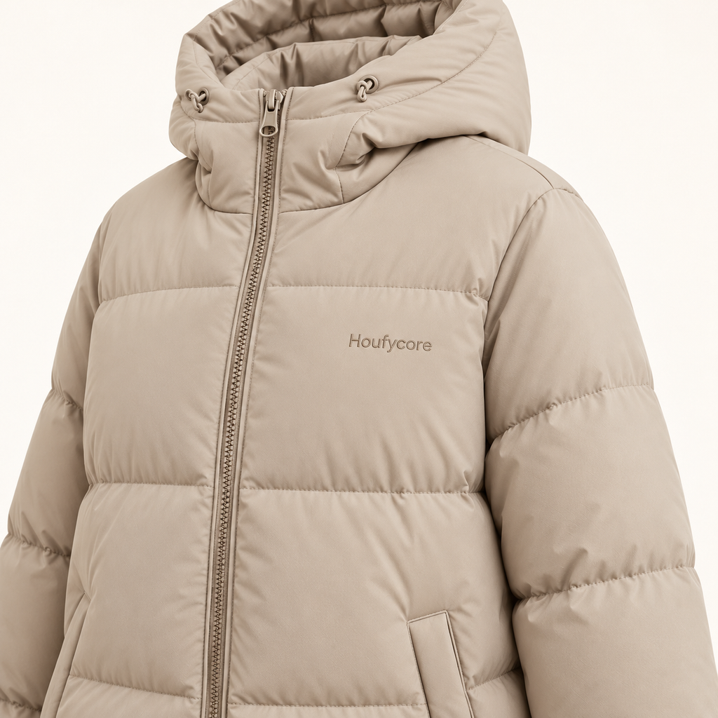 Close-up of the Stone Glacier puffer coat, showing hood construction, quilted panels and tonal Houfycore chest embroidery.