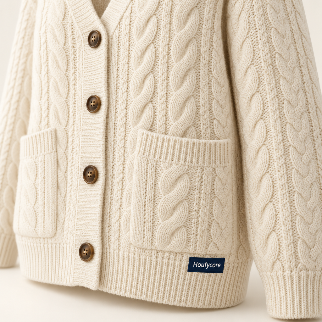 Close-up of the Cream Haven cardigan, showing cable-knit texture, buttons, patch pocket and navy Houfycore label.