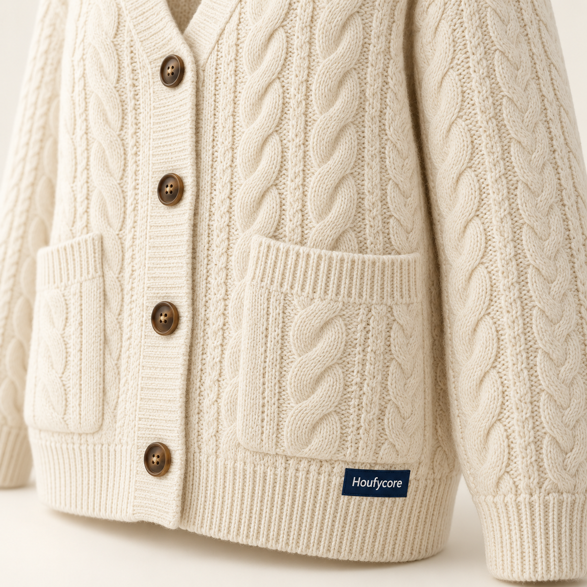 Close-up of the Cream Haven cardigan, showing cable-knit texture, buttons, patch pocket and navy Houfycore label.