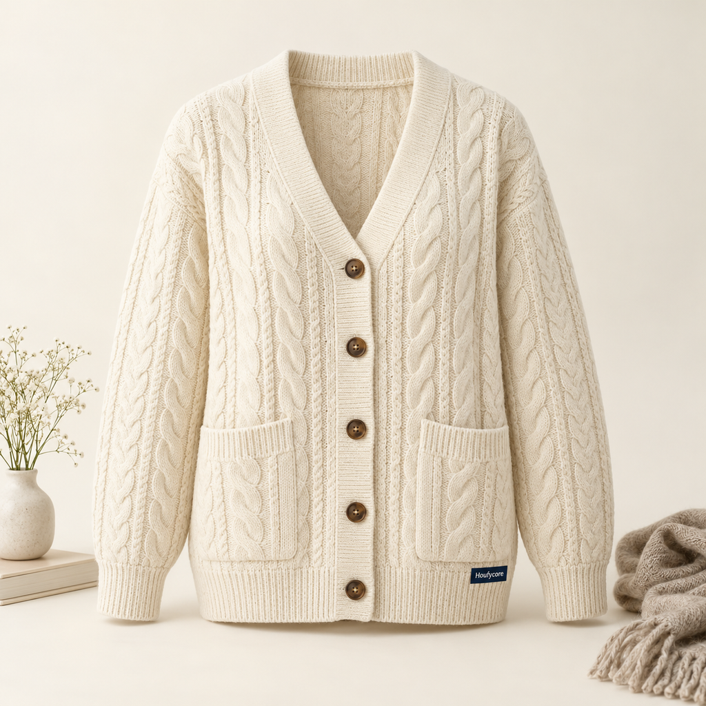 Houfycore Haven cable-knit cardigan in Cream, front view with V neckline, brown buttons and patch pockets.