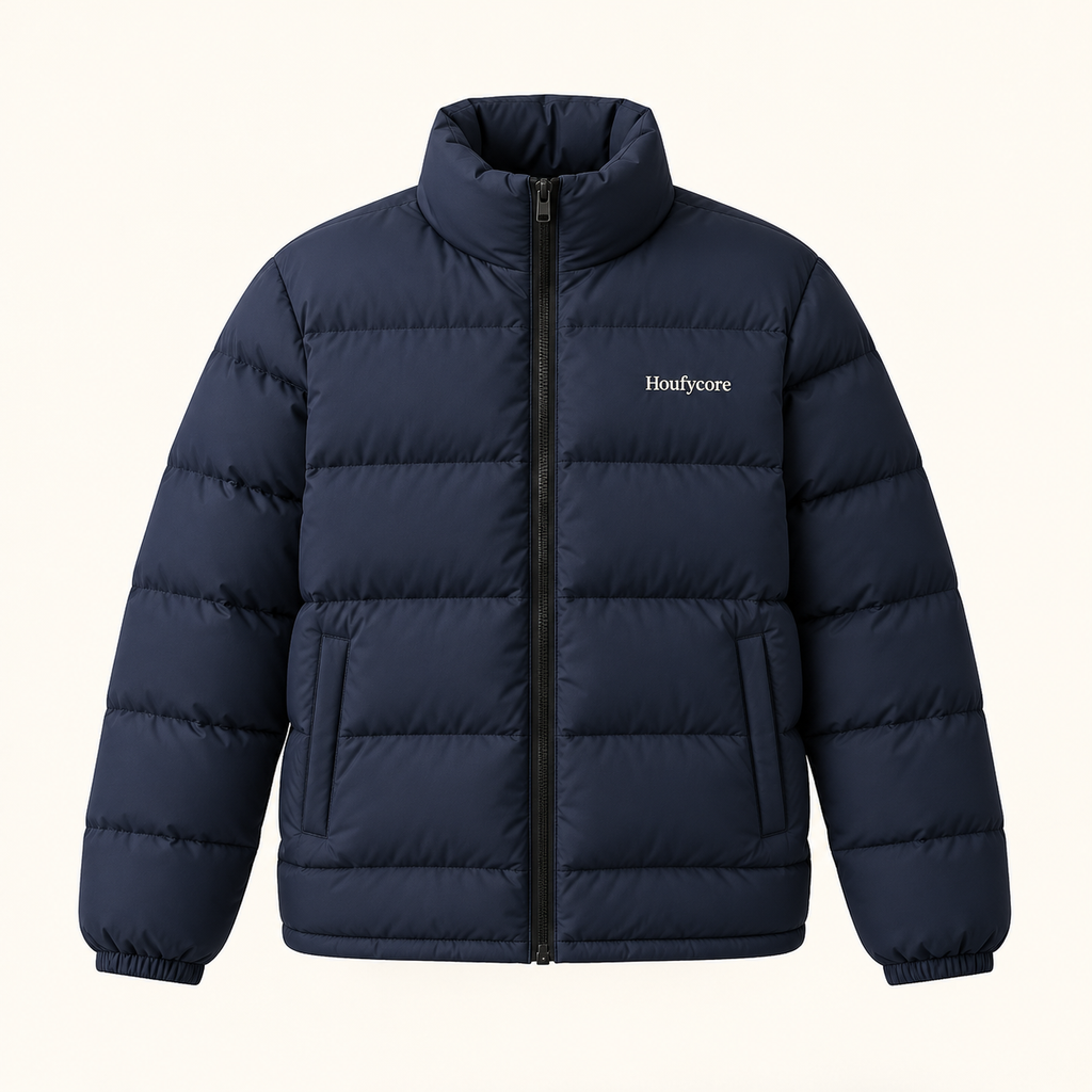 Houfycore Northline quilted puffer jacket in Midnight Navy, front view with stand collar and chest wordmark.
