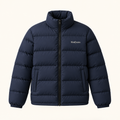 Houfycore Northline quilted puffer jacket in Midnight Navy, front view with stand collar and chest wordmark.