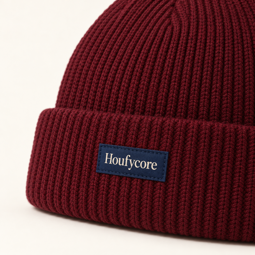 Close-up of the Burgundy Solstice beanie, showing rib-knit texture, folded cuff and the Houfycore patch.