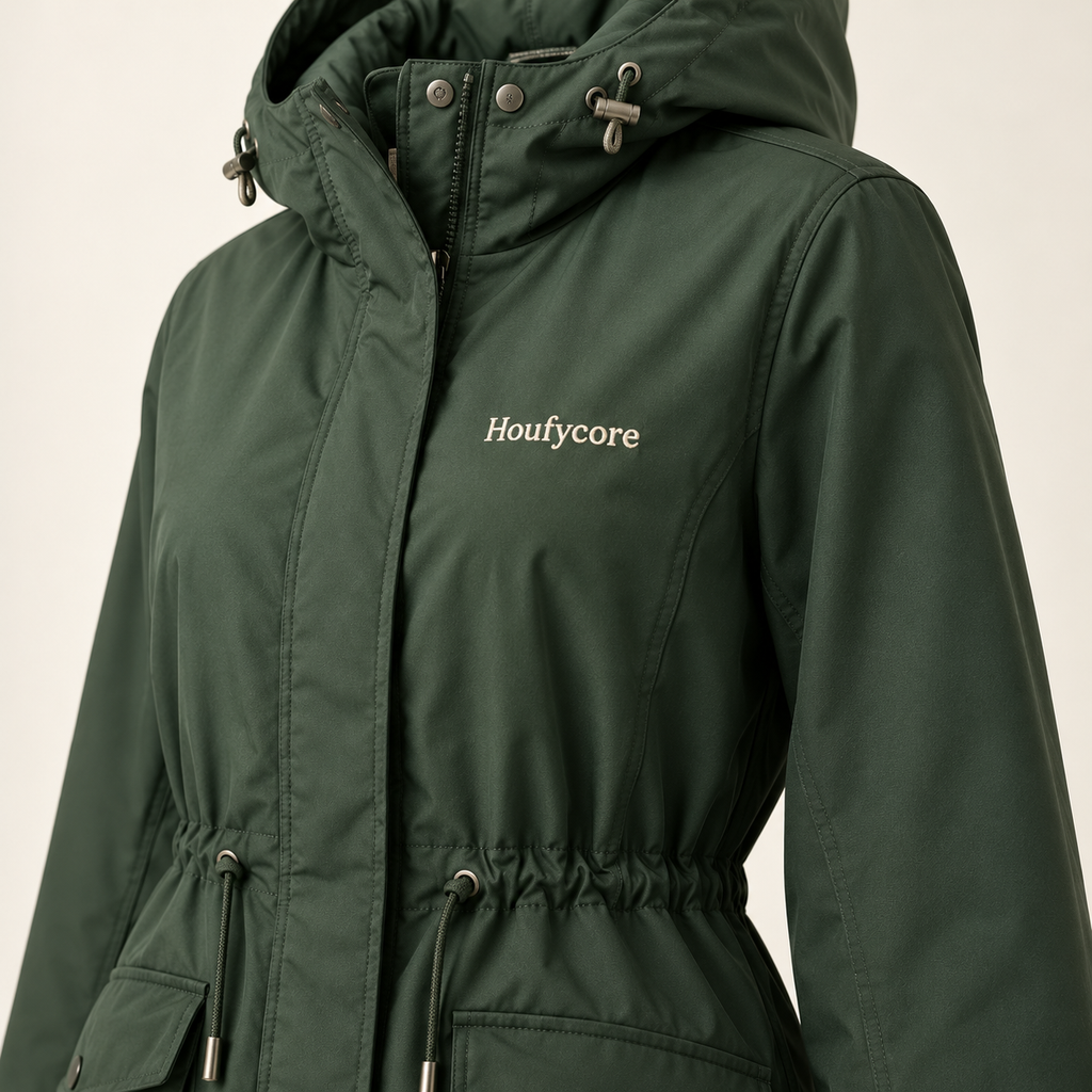 Close-up of the Houfycore Summit parka in Forest Green, showing chest embroidery, hood hardware and waist construction.