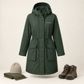 Houfycore Summit hooded parka in Forest Green, front view with covered closure, adjustable waist and flap pockets.