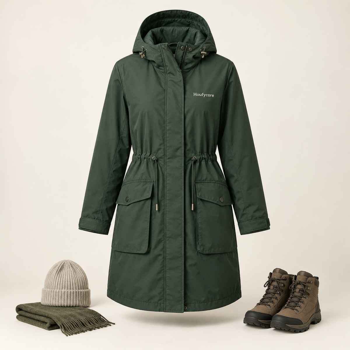Houfycore Summit hooded parka in Forest Green, front view with covered closure, adjustable waist and flap pockets.
